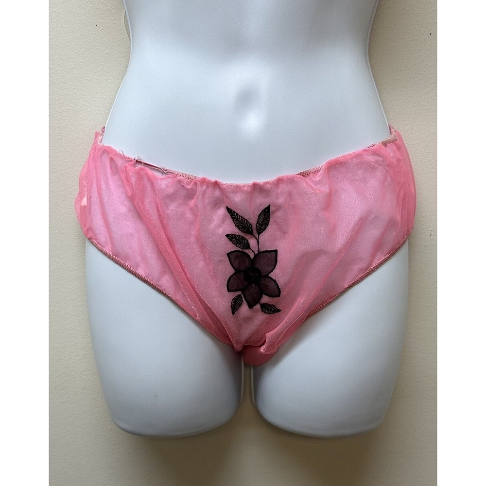 Vintage Retro Pink Sheer Nylon Gusset Black Floral Applique Panties Size L